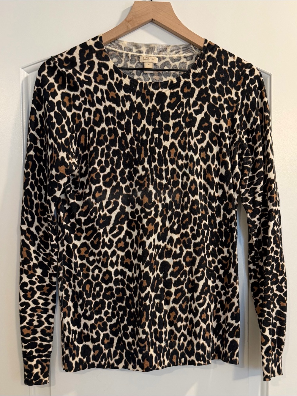 J. Crew Leopard-Print Long Sleeve Crewneck Top - Black, Tan & Cream